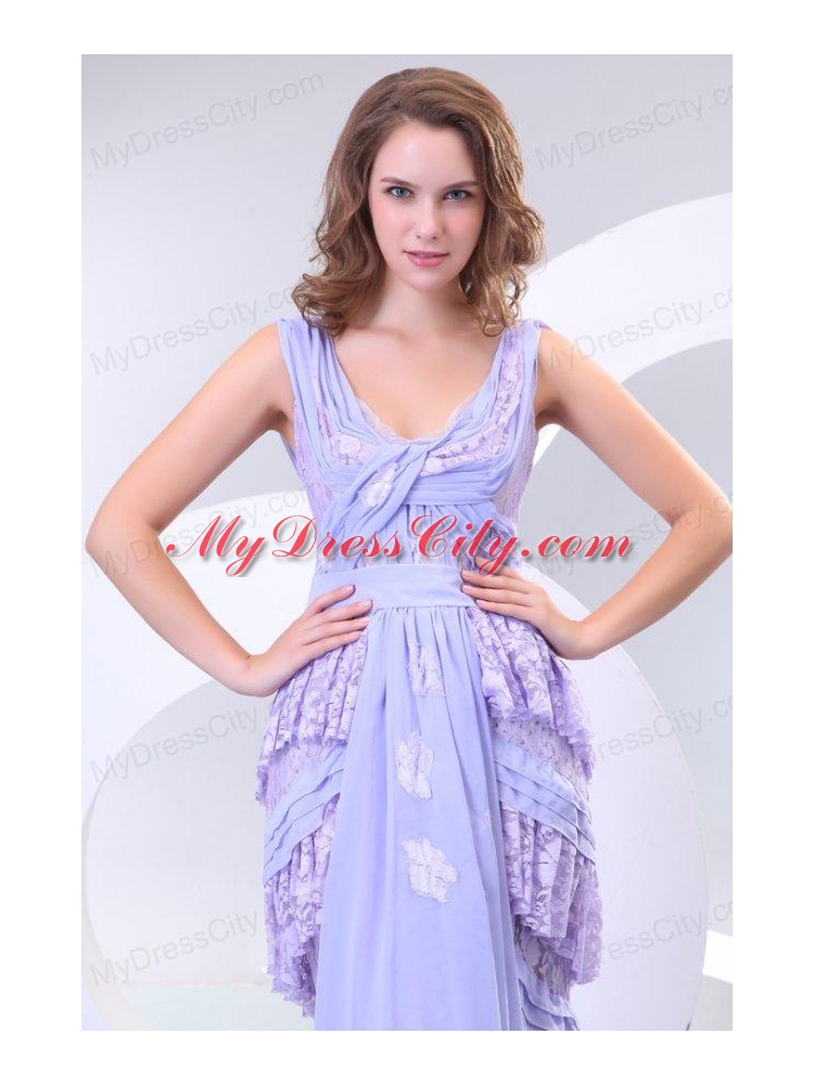 Column V-neck Chiffon Lace Watteau Train Prom Dress for 2014 Spring
