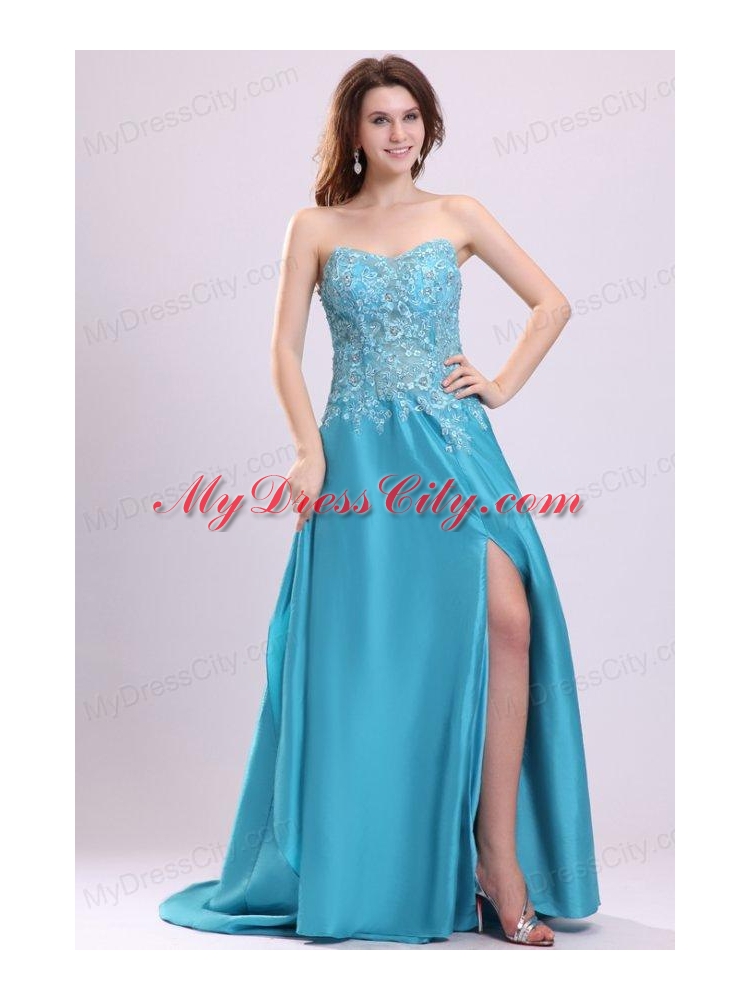 Sweetheart Empire Teal Sweep Train Prom Dress with White Embroidery