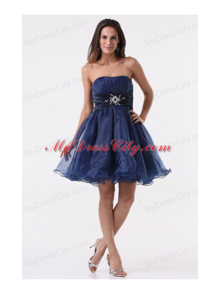 A-line Strapless Navy Blue Beading Ruching Organza Prom Dress