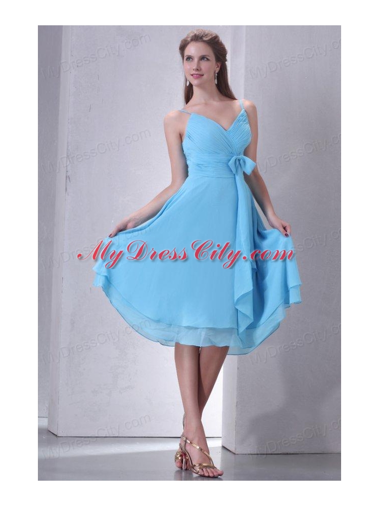 Aqua Blue A-line Spaghetti Straps Knee-length Prom Dress with Sash