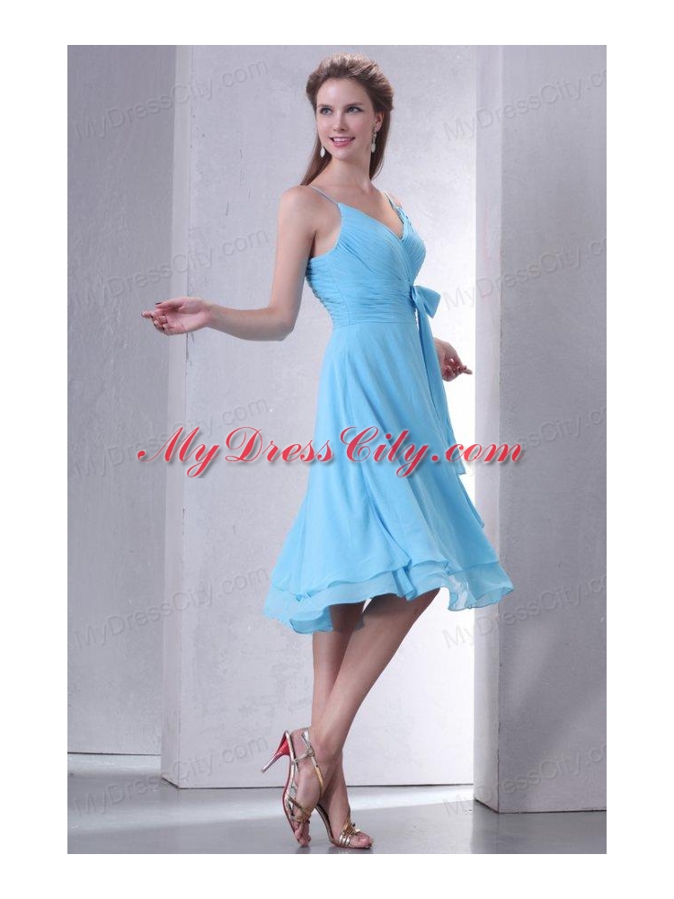 Aqua Blue A-line Spaghetti Straps Knee-length Prom Dress with Sash
