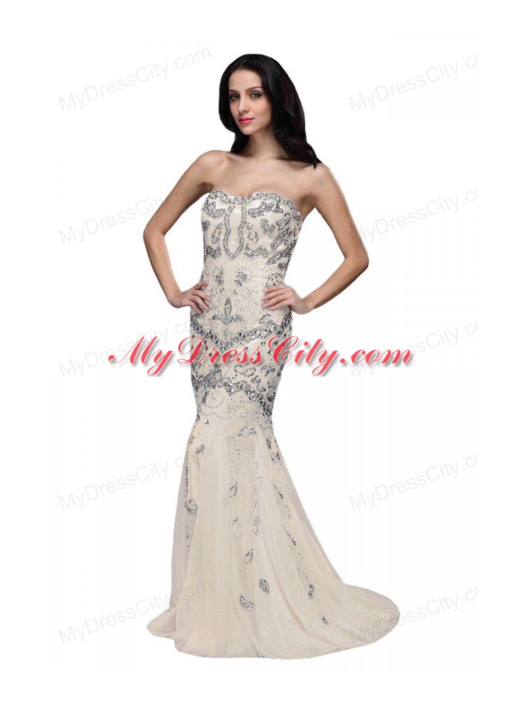Beaded and Sequined Sweetheart Mermaid Prom Dress with Brush Train