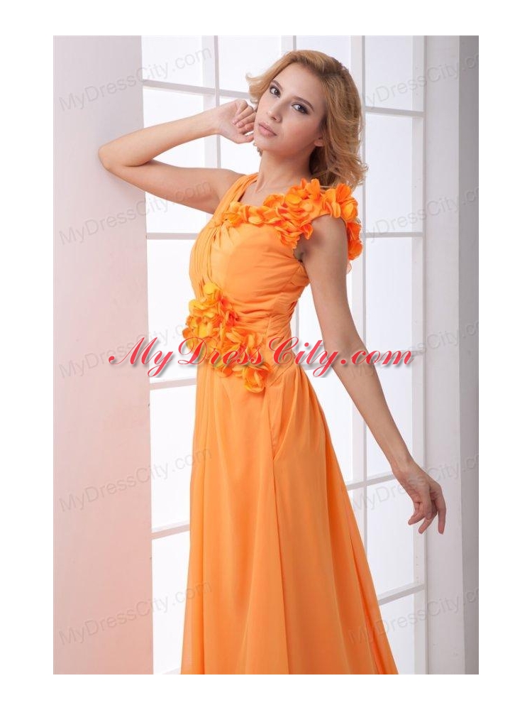 Cheap Empire V-neck Ruching Ankle-length Orange Chiffon Prom Dress