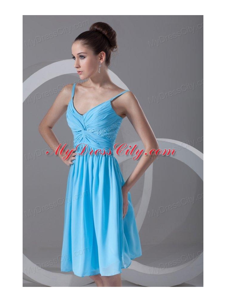 Taffeta A-line Straps Aqua Blue Beading Knee-length Prom Dress ...