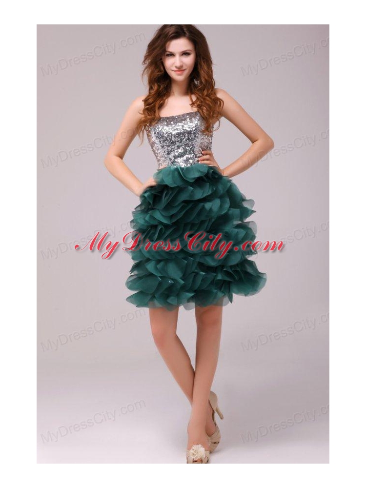 Turquoise Sequins and Ruffles A-line Tulle Prom Dress