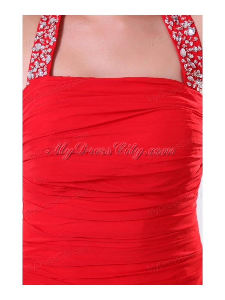 A-line Red Halter Top Neck Beaded Decorate Prom Dress with Side Zipper
