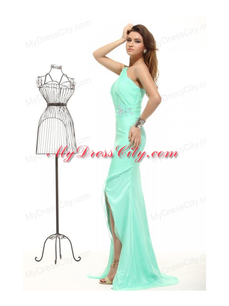 Column Apple Green High Slit One Shoulder Chiffon Beading Prom Dress