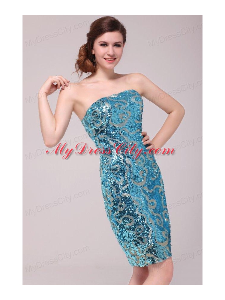 Column Strapless Blue Sequins Prom Dress with Knee-length