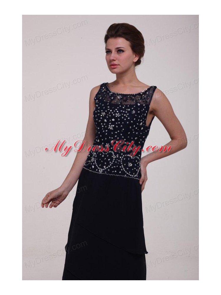 Navy Blue Scoop Prom Dress with Beading and Layers