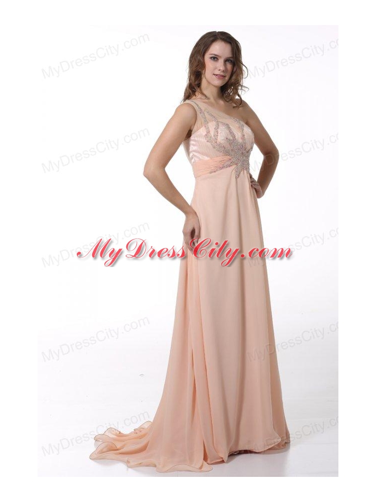 Peach Empire One Shoulder Brush Train Prom Dress with Beading