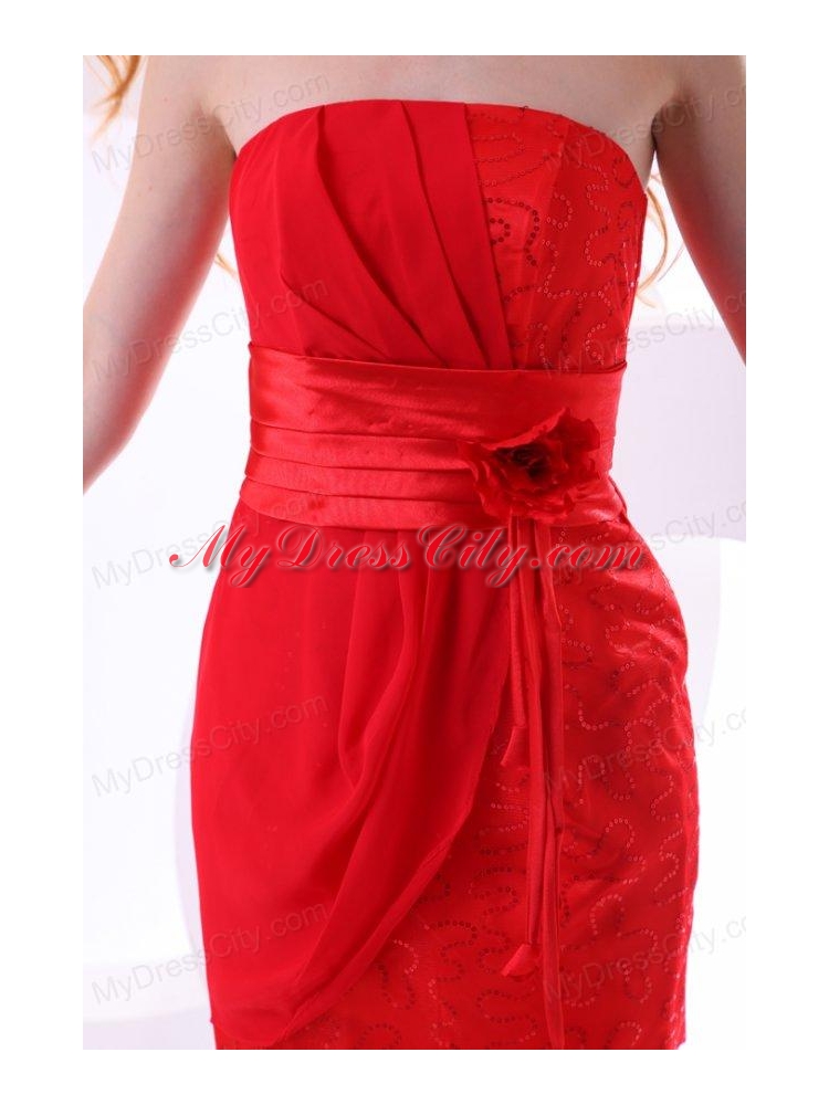 Red Column Strapless Mini-length Taffeta Beading Ruching Prom Dress