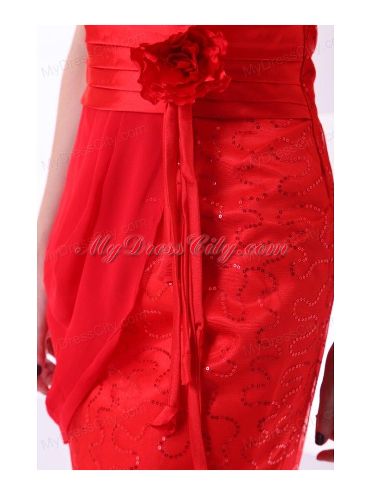 Red Column Strapless Mini-length Taffeta Beading Ruching Prom Dress
