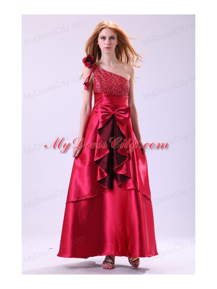 Wine Red One Shoulder Sequins and Bow Ankle-length Prom Dress