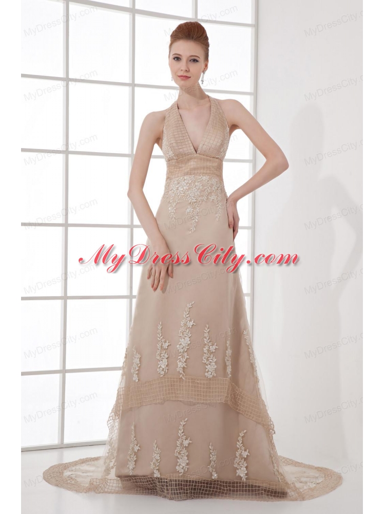 A-line Champagne Halter Top Neck Appliques Backless Court Train Prom Dress
