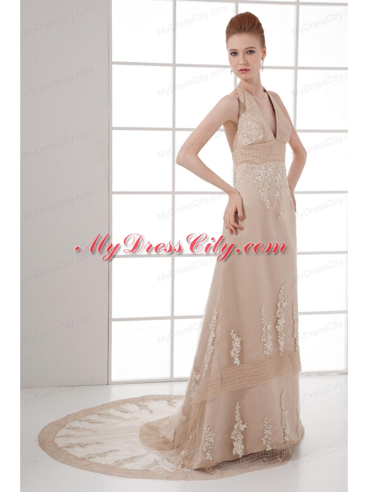 A-line Champagne Halter Top Neck Appliques Backless Court Train Prom Dress