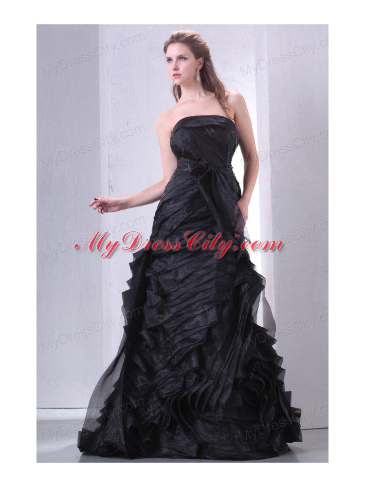 Black A-line Strapless Prom Dress with Layers and Sash