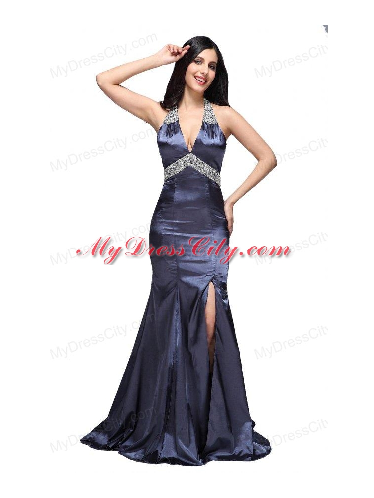 Column Halter Top Beading Navy Blue Taffeta High Slit Prom Dress
