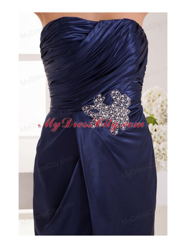 Column Navy Blue Strapless Appliques Ruching Mini-length Prom Dress
