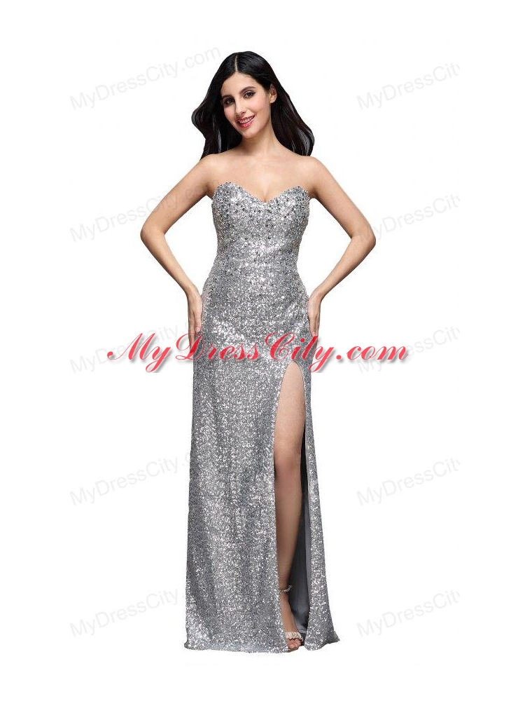 Column Sweetheart Silver Sequins High Slit Floor-length Long Prom Dress