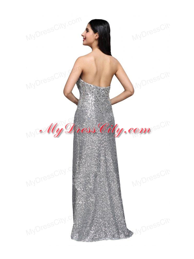Column Sweetheart Silver Sequins High Slit Floor-length Long Prom Dress