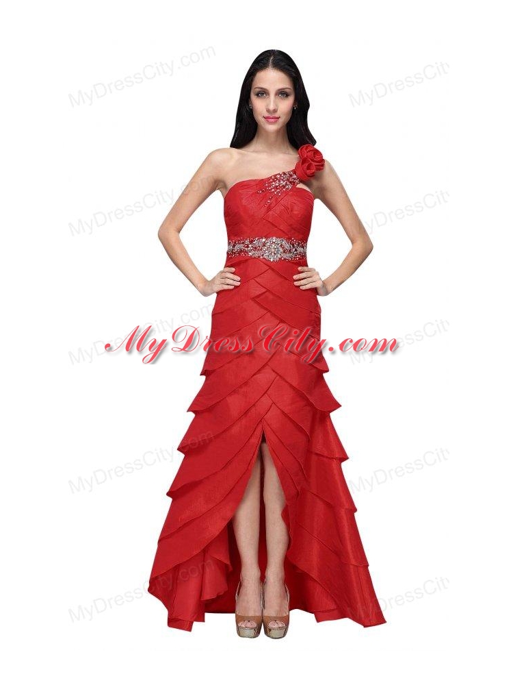 Column Wine Red Hand Made Flowers Strapless Beading Ruffled Layers Prom Dress