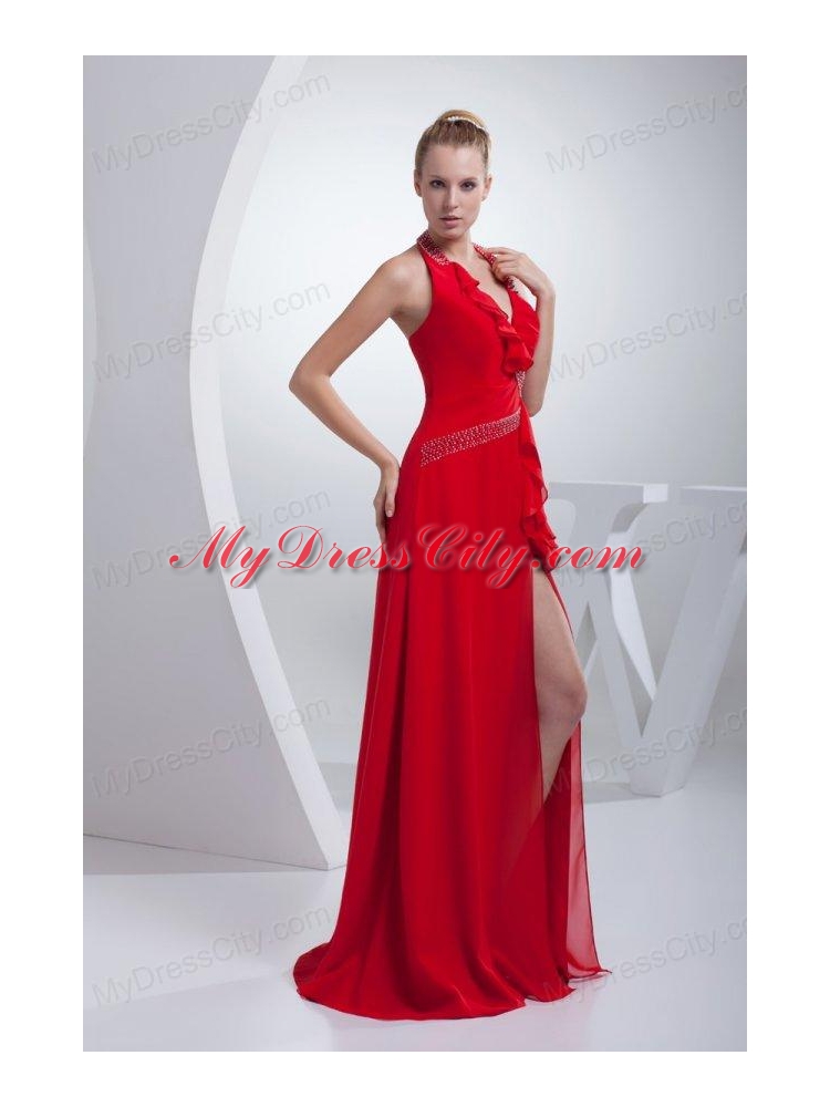 Empire Brush Train Red Beading Halter Chiffon 2014 Prom Dress