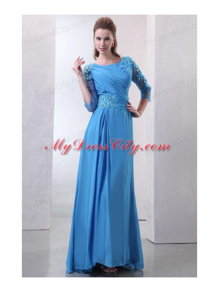 Empire Scoop Appliques with Beading 3/4-Length Sleeves Teal Prom Dress