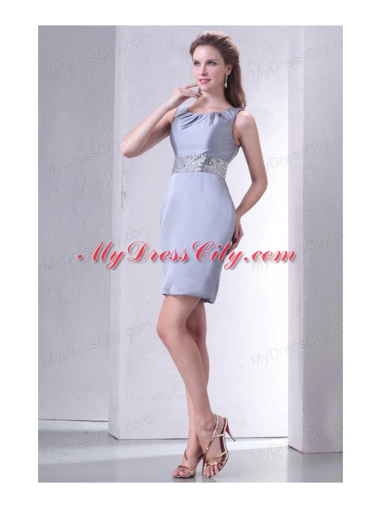 Grey Column Scoop Mini-length Short Prom Dress with Beading