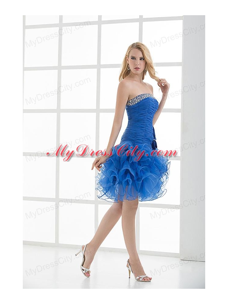 Short Strapless Beading and Ruching Ruffles Organza Prom Dress