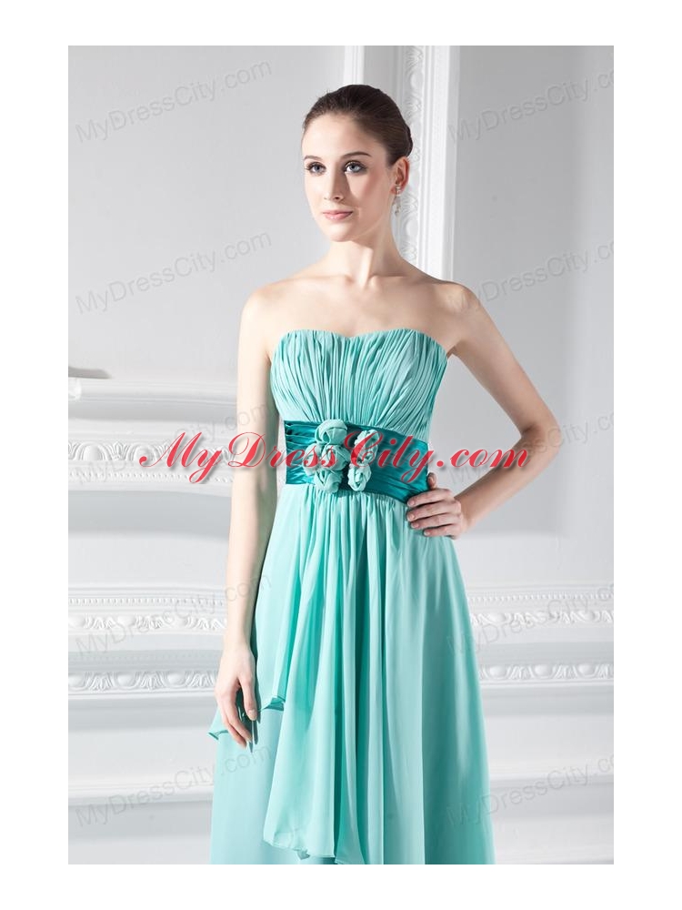 Strapless Ankel-length Empire Turquoise Hand-made Flower Prom Dress