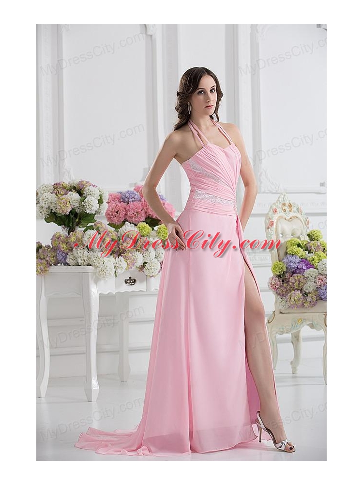 Straps Baby Pink High Slit and Ruching Empire Prom Dress with High Slit