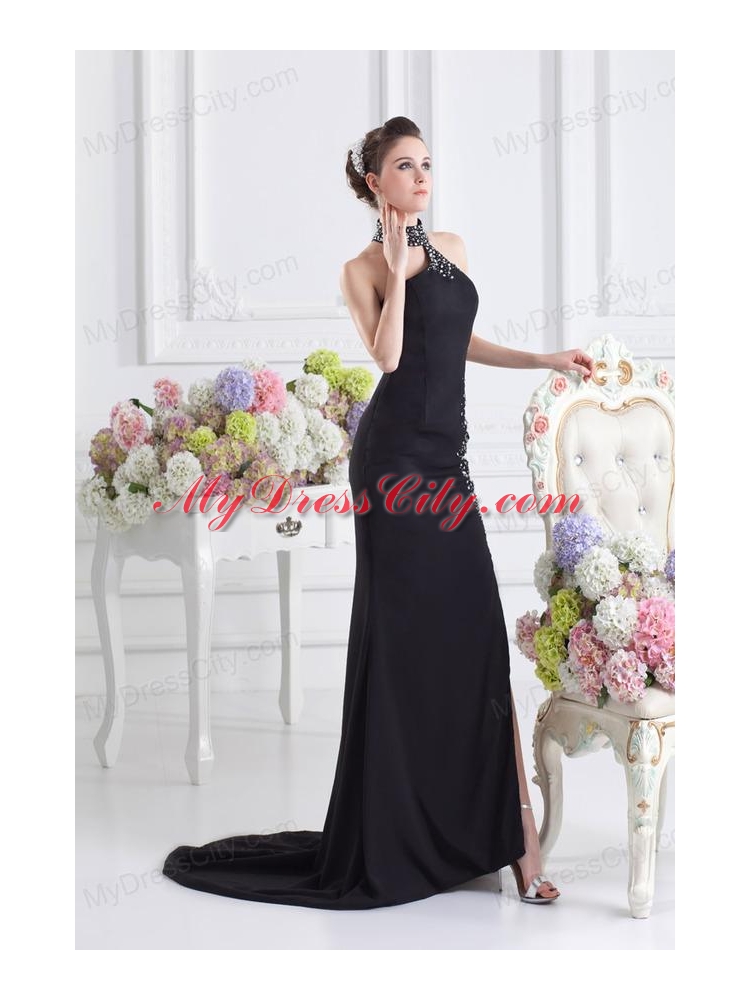 2014 Black Halter Top Empire Prom Dress with Beading