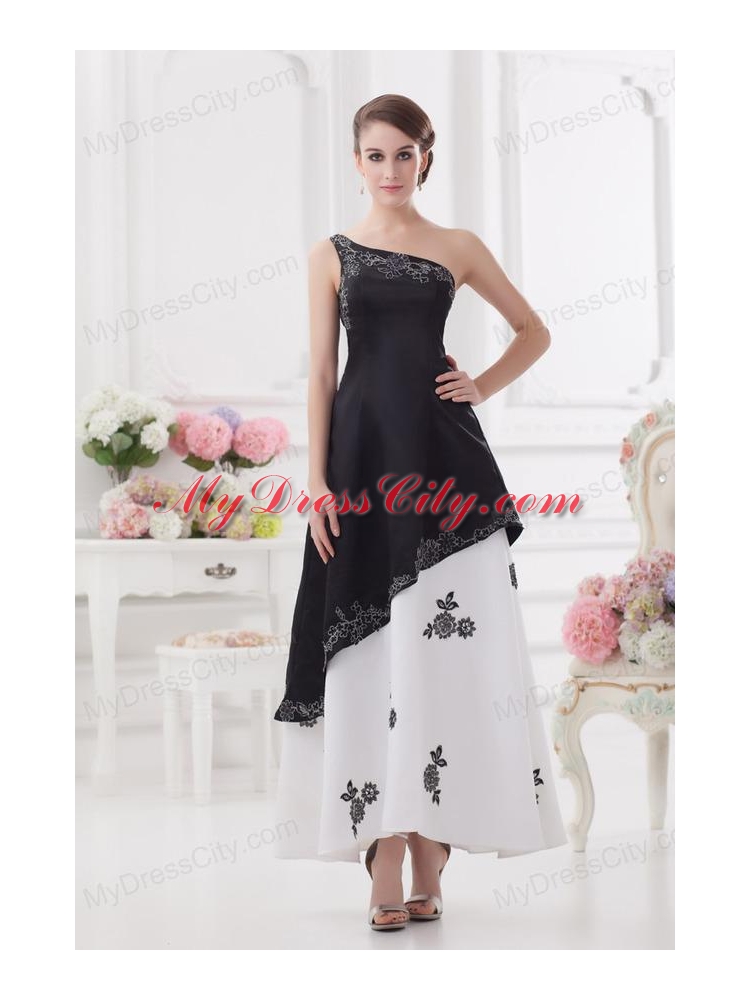 A-line One Shoulder Embroidery Black and White Ankle-length Prom Dress