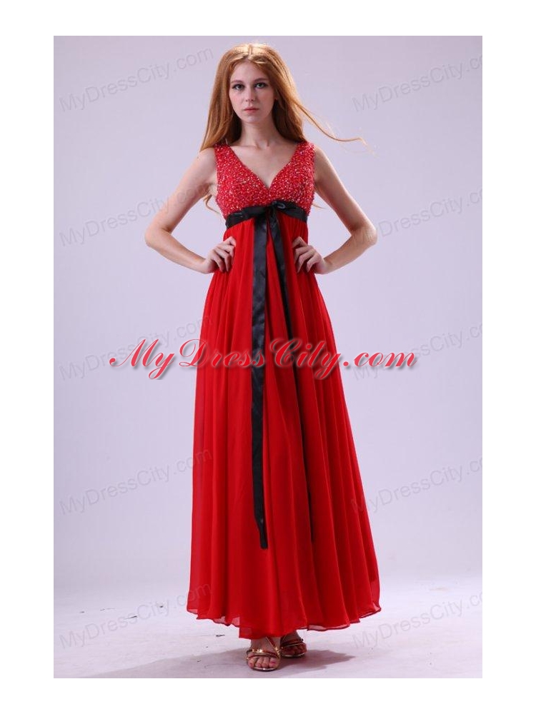 Beading Ankle-length V-neck Chiffon 2014 Prom Dress in Red