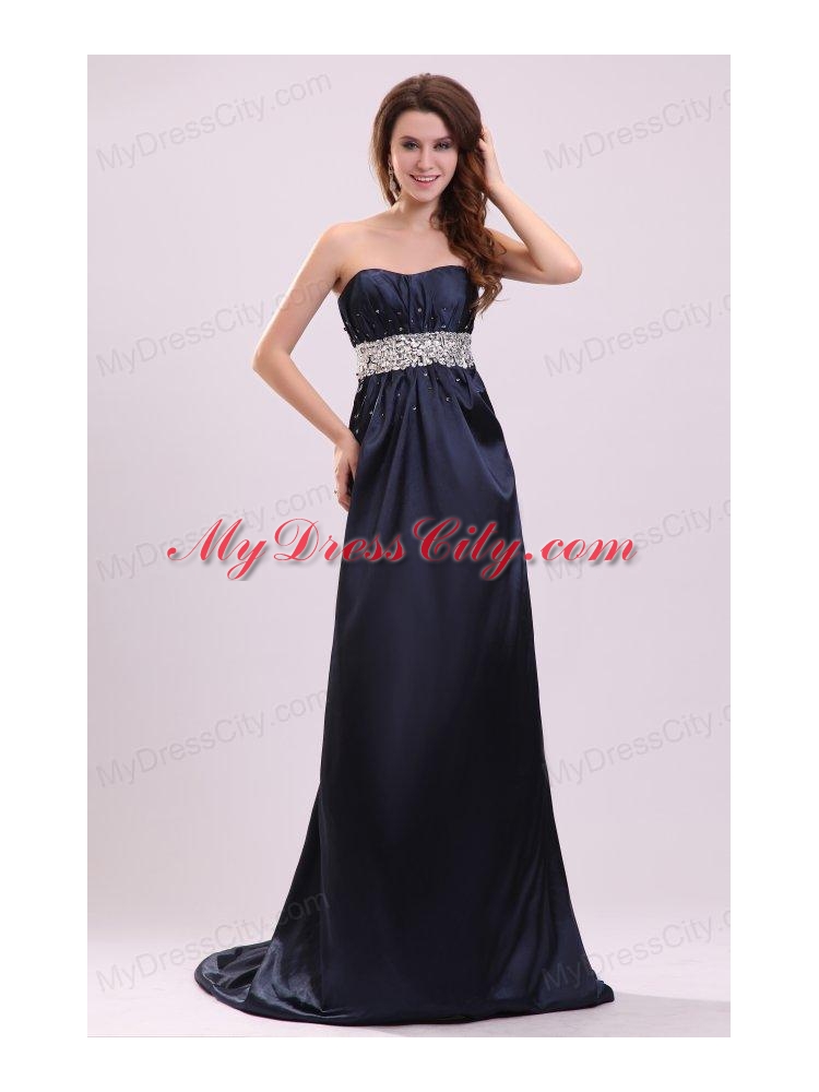 Elegant Empire Strapless Navy Blue Elastic Woven Satin Beading Prom Dress with Brush Train