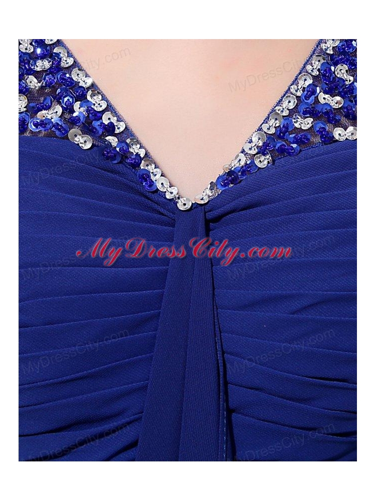 Empire V-neck Floor-length Chiffon Beading Blue Prom Dress