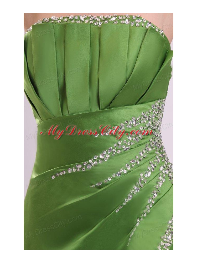 Green Column Strapless Satin Beading Prom Dress with Lace Up