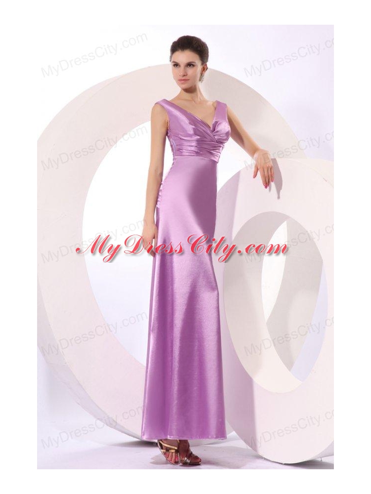 Lilac Column V-neck Fitted Ruching Ankle-length Prom Dress