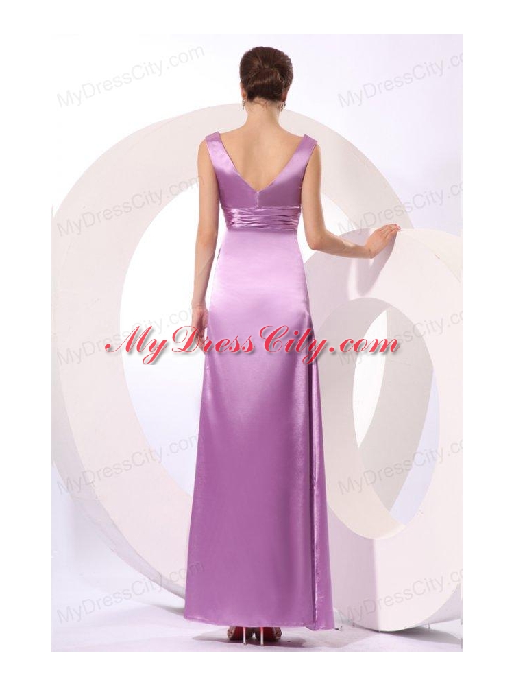 Lilac Column V-neck Fitted Ruching Ankle-length Prom Dress