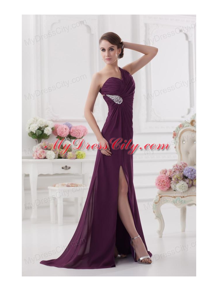 One Shoulder Empire Ruching and High Slit Backless Prom Dress