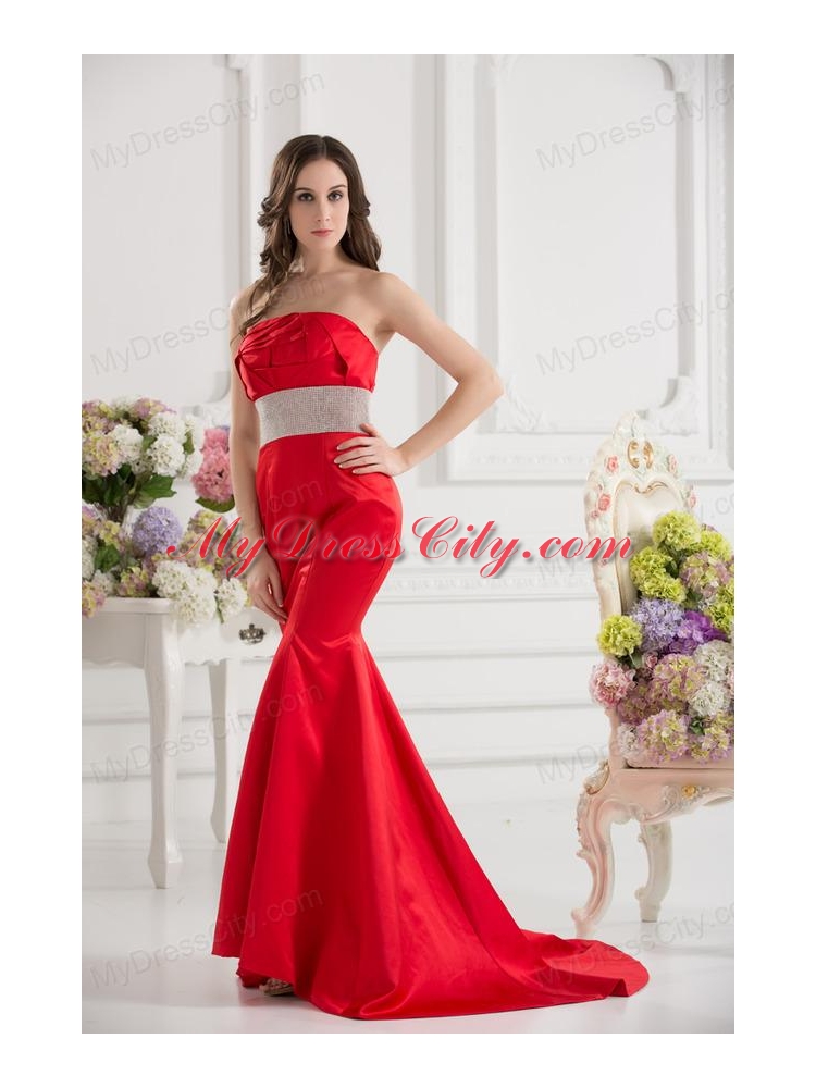 Red Mermaid Strapless Court Train Belt and Ruching Prom Dress ...