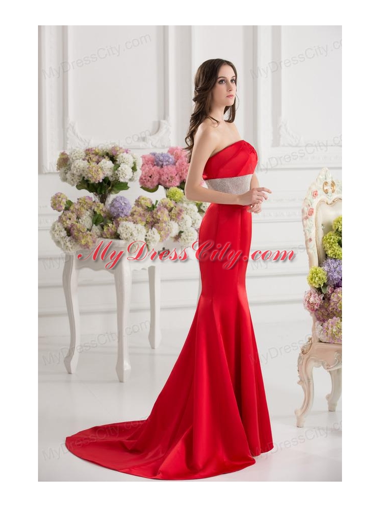 Red Mermaid Strapless Court Train Belt and Ruching Prom Dress