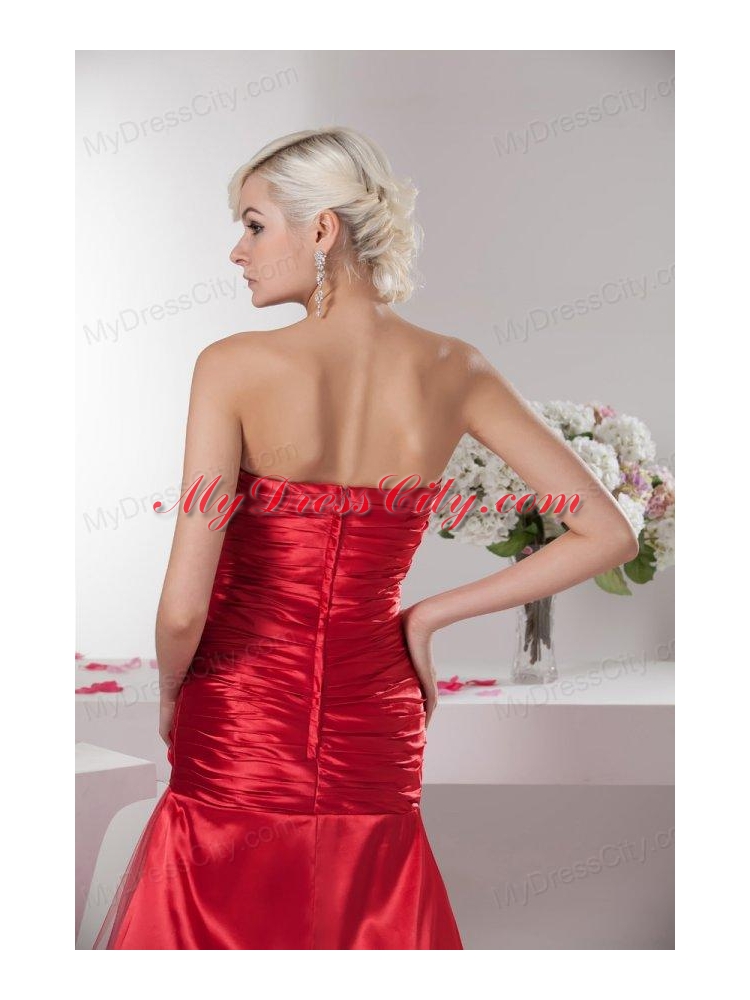 Red Sweetheart Column Floor-length Ruching Taffeta Prom Dress