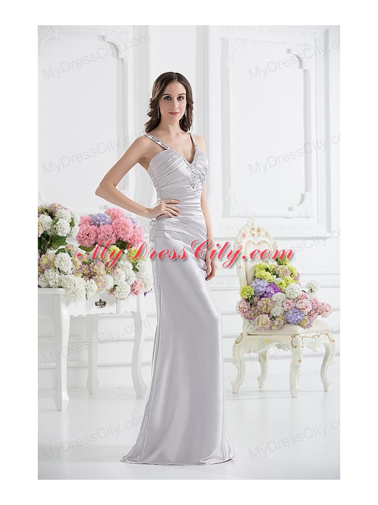 Silver Column V-neck Satin Prom Dress with Ruching and Beading