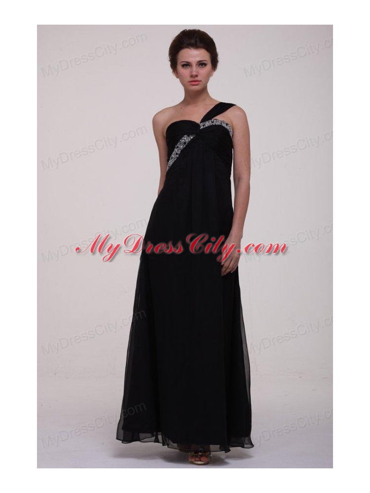 Black Empire One Shoulder Prom Dress with Beading Ankle-length