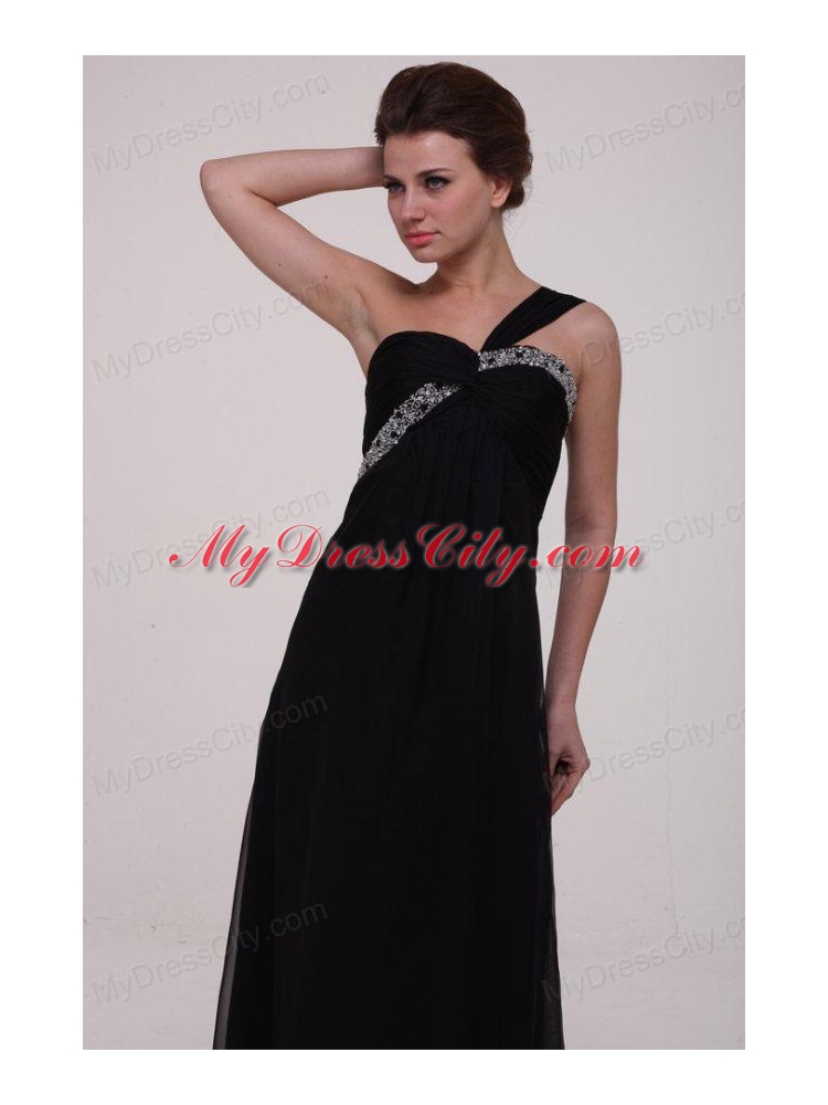 Black Empire One Shoulder Prom Dress with Beading Ankle-length