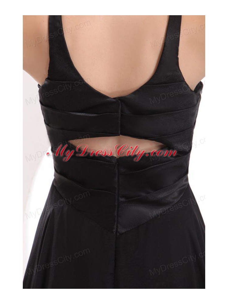 Black V-neck High-low Ruche Decorate Prom Dress with Sweep Train