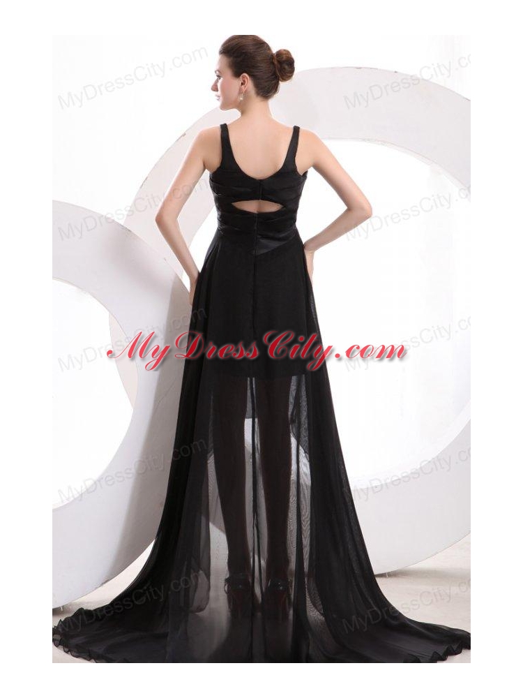 Black V-neck High-low Ruche Decorate Prom Dress with Sweep Train