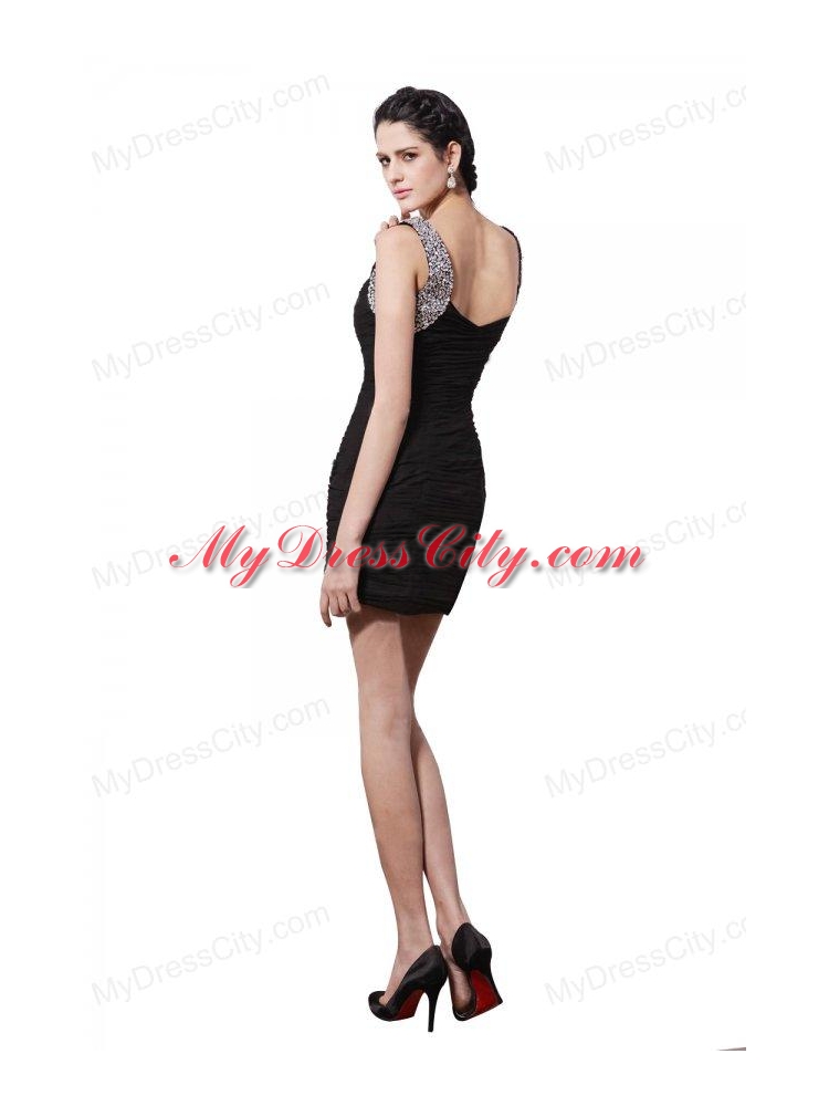 Column Black Straps Beading Ruching Mini-length Prom Dress