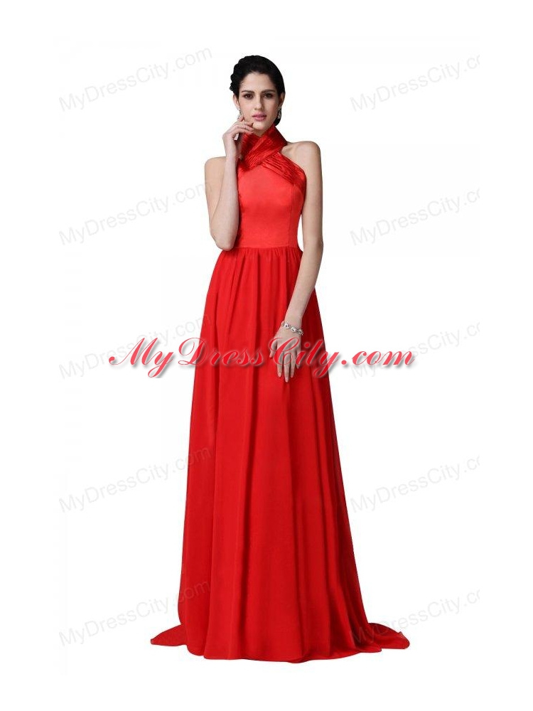 Empire Halter Top Ruching Red Chiffon Prom Dress